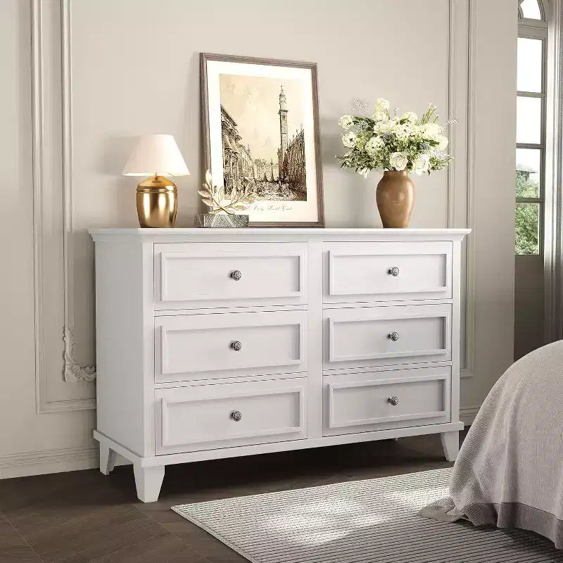 Commode double de ferme à 6 tiroirs blanche avec poignées vintage, meuble TV en bois pour chambre, salon, couloir
