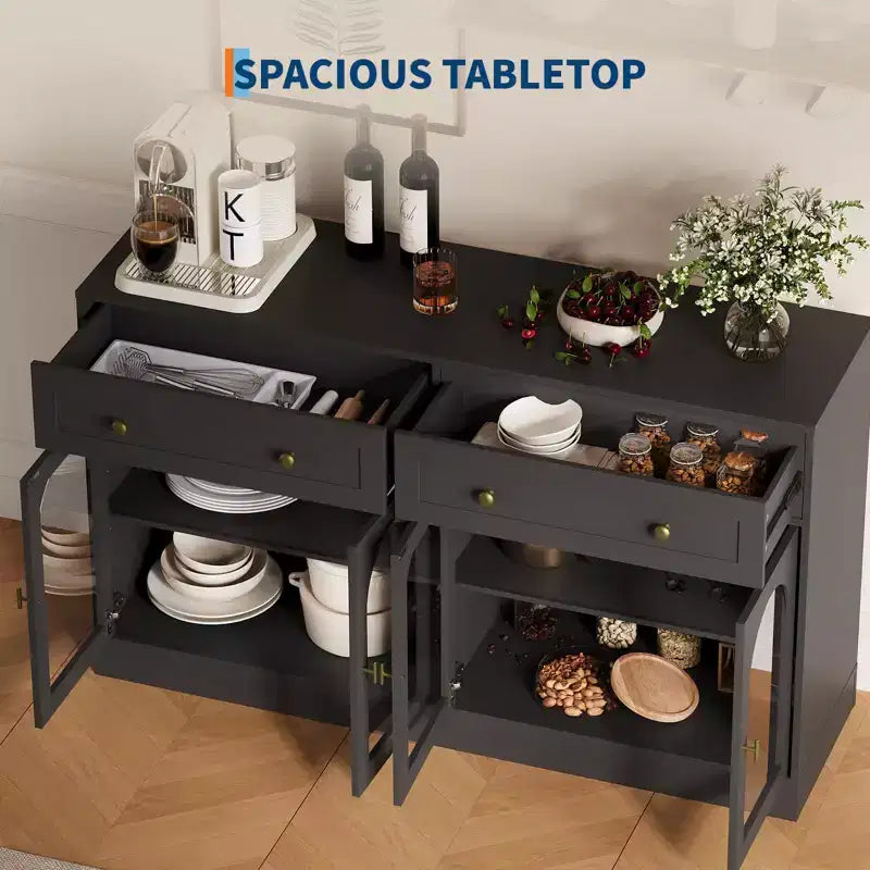 55" Buffet de Ferme avec Rangement, Grand Buffet de Cuisine avec 4 Portes en Acrylique et 2 Tiroirs, Table de Bar à Café Moderne pour la Salle à Manger