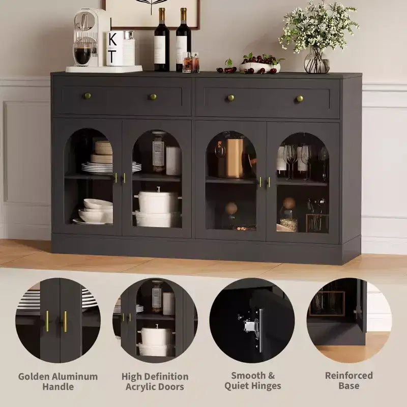 55" Buffet de Ferme avec Rangement, Grand Buffet de Cuisine avec 4 Portes en Acrylique et 2 Tiroirs, Table de Bar à Café Moderne pour la Salle à Manger
