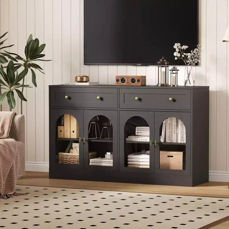 55" Buffet de Ferme avec Rangement, Grand Buffet de Cuisine avec 4 Portes en Acrylique et 2 Tiroirs, Table de Bar à Café Moderne pour la Salle à Manger