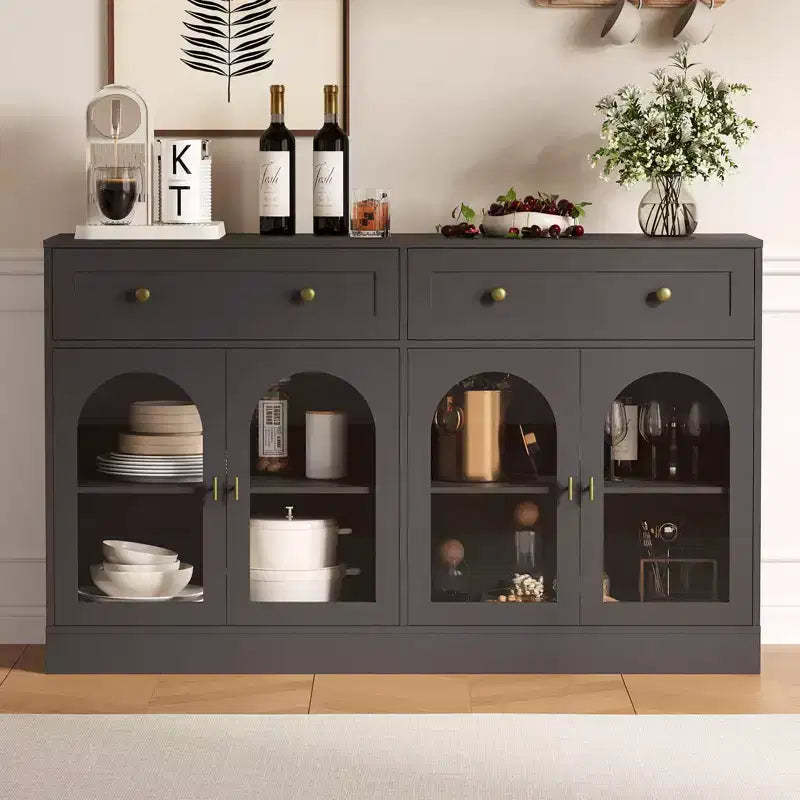 55" Buffet de Ferme avec Rangement, Grand Buffet de Cuisine avec 4 Portes en Acrylique et 2 Tiroirs, Table de Bar à Café Moderne pour la Salle à Manger