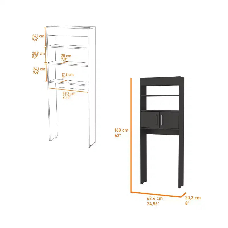 Meuble de rangement WC moderne autoportant avec portes doubles et étagères pour salle de bain, facile à assembler, noir 24,56''L X 8''P x 63''H