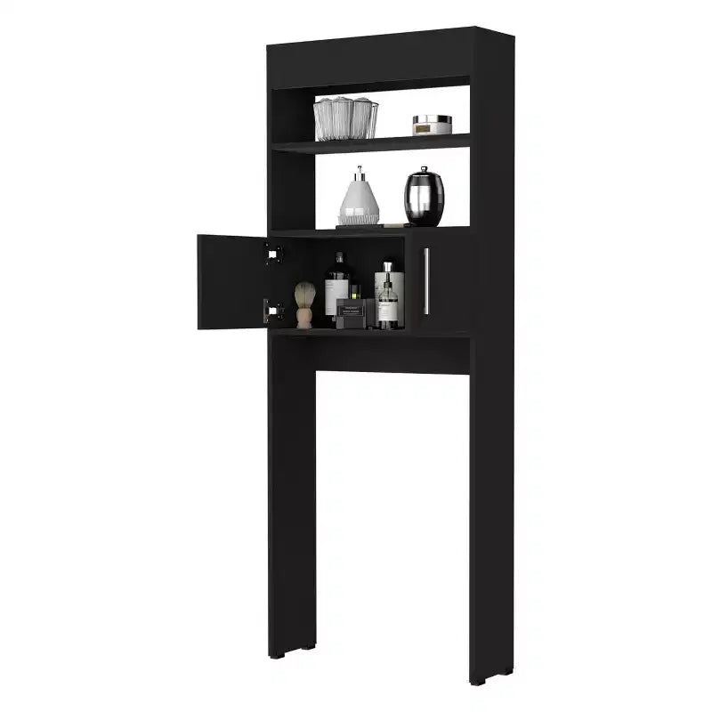 Meuble de rangement WC moderne autoportant avec portes doubles et étagères pour salle de bain, facile à assembler, noir 24,56''L X 8''P x 63''H
