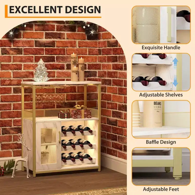Meuble Bar à Vin avec Porte-Bouteilles et Porte-Verres, Buffet de Rangement Moderne avec Porte en Maille, Armoire de Bar Industrielle pour la Maison