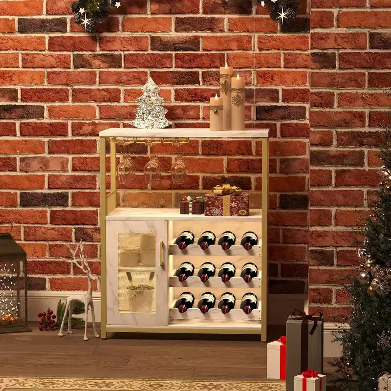 Meuble Bar à Vin avec Porte-Bouteilles et Porte-Verres, Buffet de Rangement Moderne avec Porte en Maille, Armoire de Bar Industrielle pour la Maison