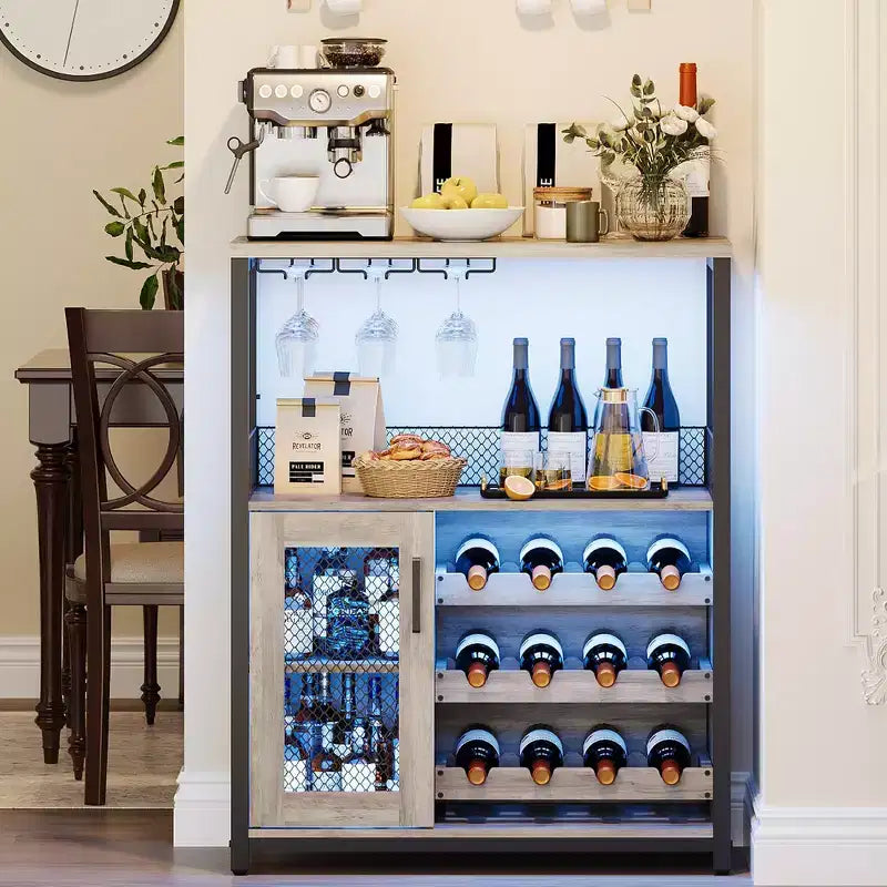 Meuble Bar à Vin avec Porte-Bouteilles et Porte-Verres, Buffet de Rangement Moderne avec Porte en Maille, Armoire de Bar Industrielle pour la Maison