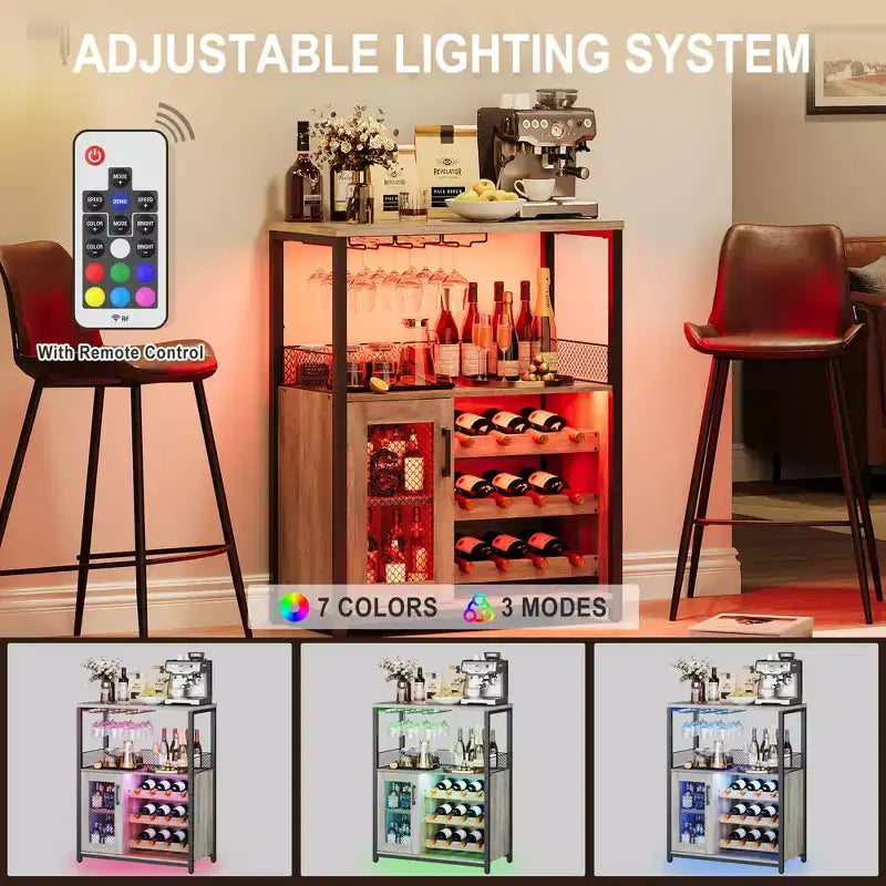 Meuble Bar à Vin avec Porte-Bouteilles et Porte-Verres, Buffet de Rangement Moderne avec Porte en Maille, Armoire de Bar Industrielle pour la Maison