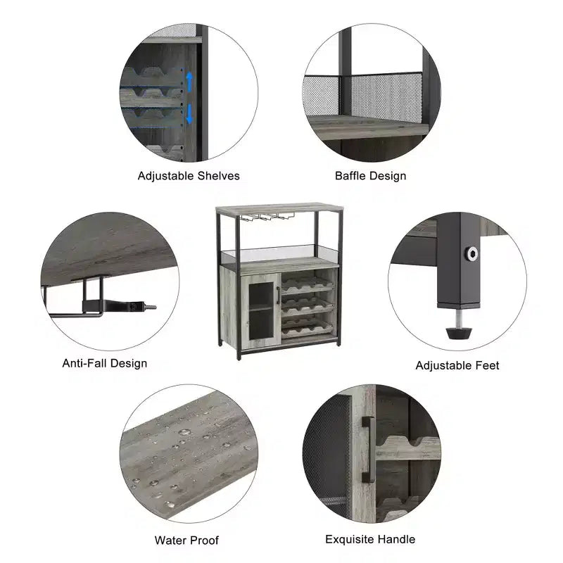 Meuble Bar à Vin avec Porte-Bouteilles et Porte-Verres, Buffet de Rangement Moderne avec Porte en Maille, Armoire de Bar Industrielle pour la Maison