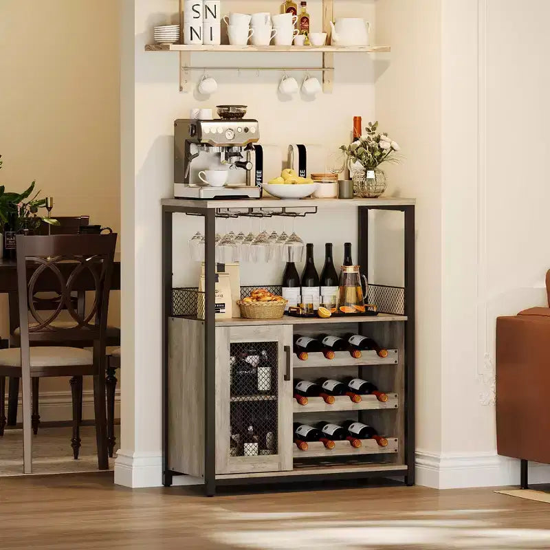 Meuble Bar à Vin avec Porte-Bouteilles et Porte-Verres, Buffet de Rangement Moderne avec Porte en Maille, Armoire de Bar Industrielle pour la Maison