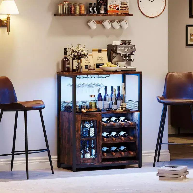 Meuble Bar à Vin avec Porte-Bouteilles et Porte-Verres, Buffet de Rangement Moderne avec Porte en Maille, Armoire de Bar Industrielle pour la Maison