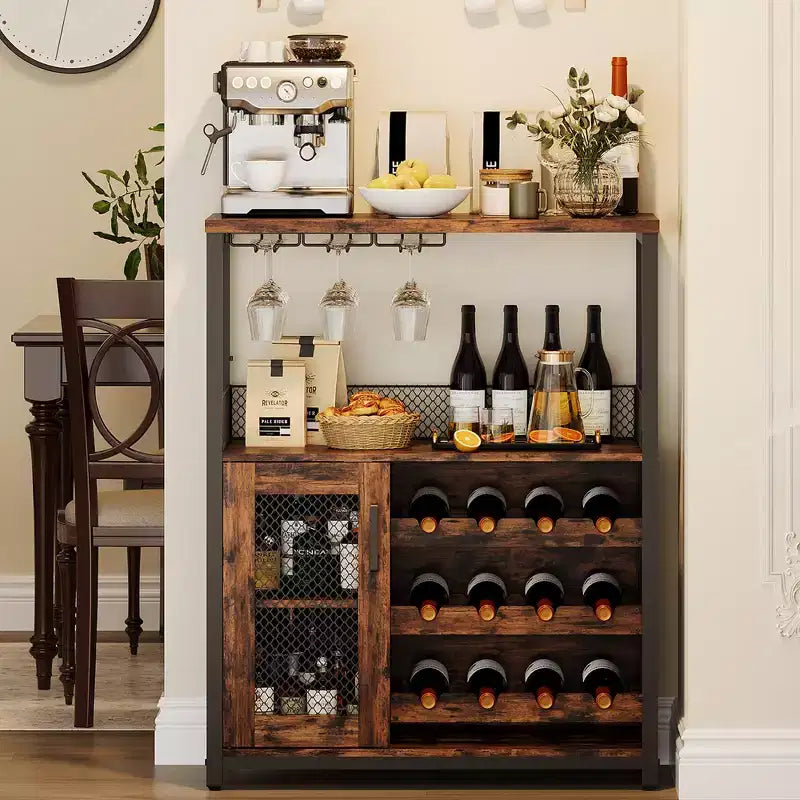 Meuble Bar à Vin avec Porte-Bouteilles et Porte-Verres, Buffet de Rangement Moderne avec Porte en Maille, Armoire de Bar Industrielle pour la Maison