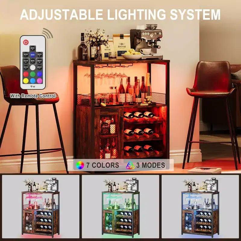 Meuble Bar à Vin avec Porte-Bouteilles et Porte-Verres, Buffet de Rangement Moderne avec Porte en Maille, Armoire de Bar Industrielle pour la Maison