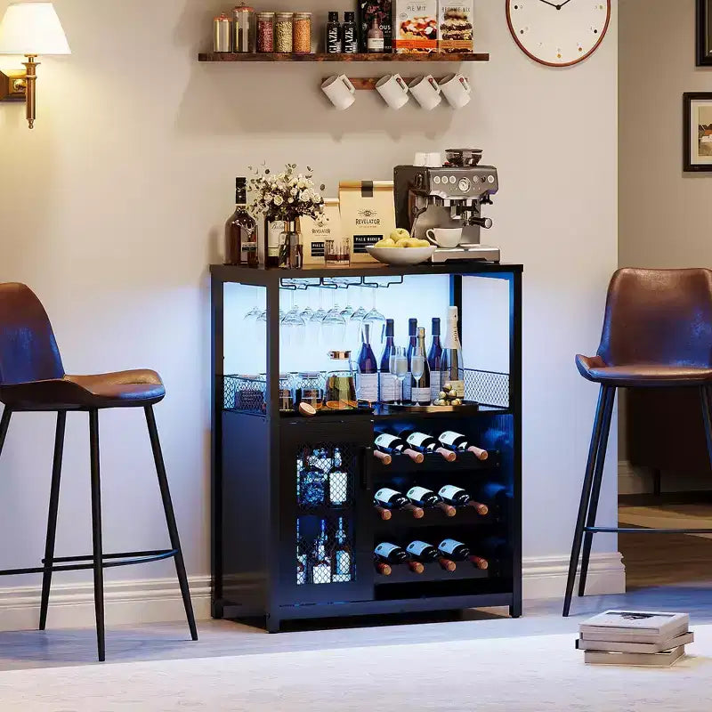 Meuble Bar à Vin avec Porte-Bouteilles et Porte-Verres, Buffet de Rangement Moderne avec Porte en Maille, Armoire de Bar Industrielle pour la Maison
