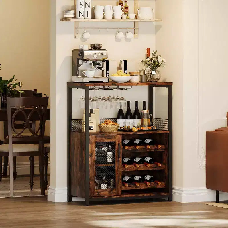 Meuble Bar à Vin avec Porte-Bouteilles et Porte-Verres, Buffet de Rangement Moderne avec Porte en Maille, Armoire de Bar Industrielle pour la Maison