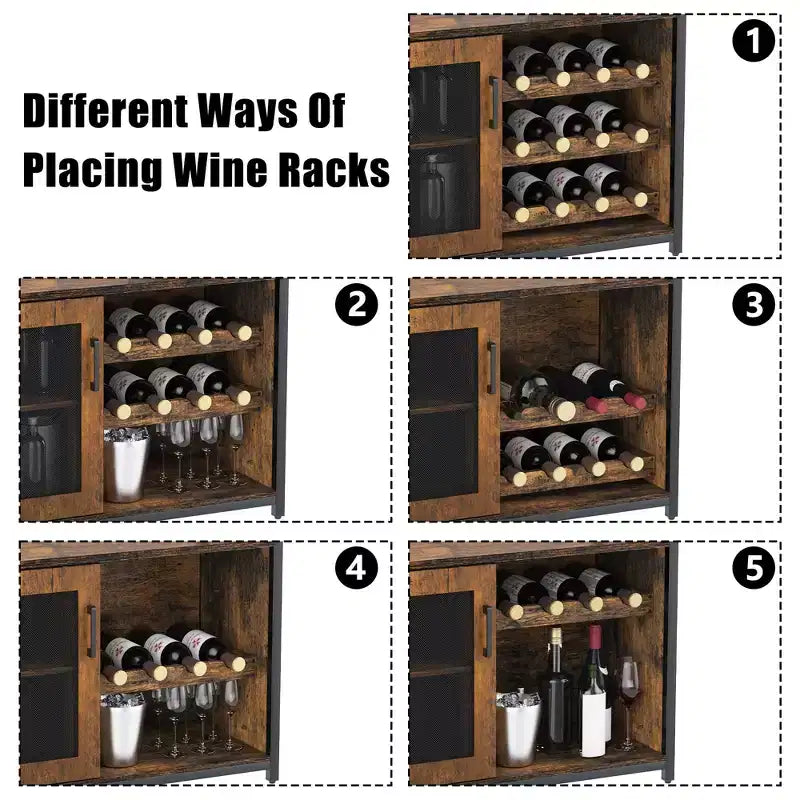 Meuble Bar à Vin avec Porte-Bouteilles et Porte-Verres, Buffet de Rangement Moderne avec Porte en Maille, Armoire de Bar Industrielle pour la Maison