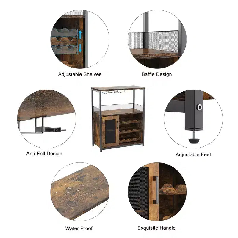 Meuble Bar à Vin avec Porte-Bouteilles et Porte-Verres, Buffet de Rangement Moderne avec Porte en Maille, Armoire de Bar Industrielle pour la Maison