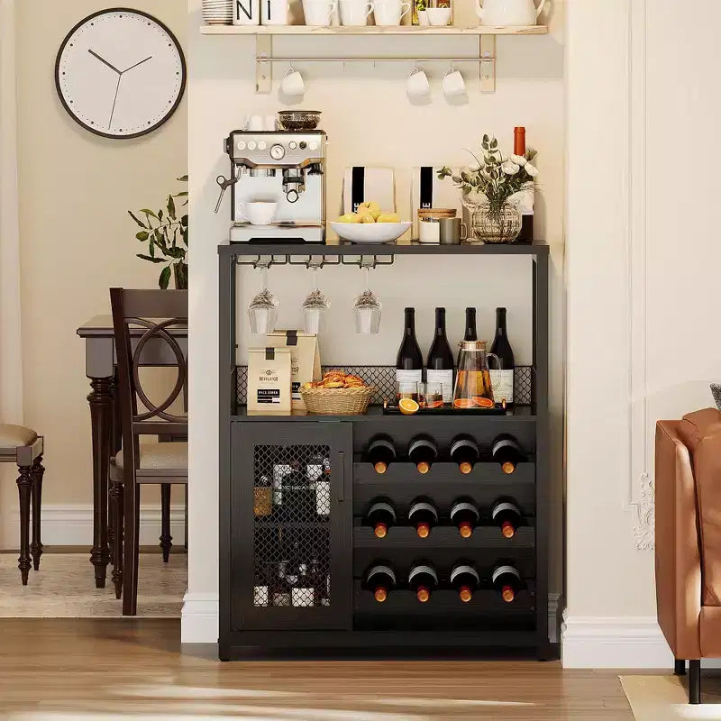 Meuble Bar à Vin avec Porte-Bouteilles et Porte-Verres, Buffet de Rangement Moderne avec Porte en Maille, Armoire de Bar Industrielle pour la Maison