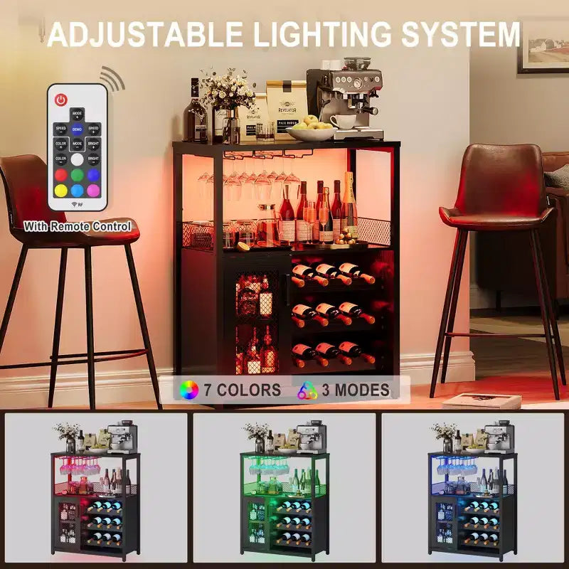 Meuble Bar à Vin avec Porte-Bouteilles et Porte-Verres, Buffet de Rangement Moderne avec Porte en Maille, Armoire de Bar Industrielle pour la Maison