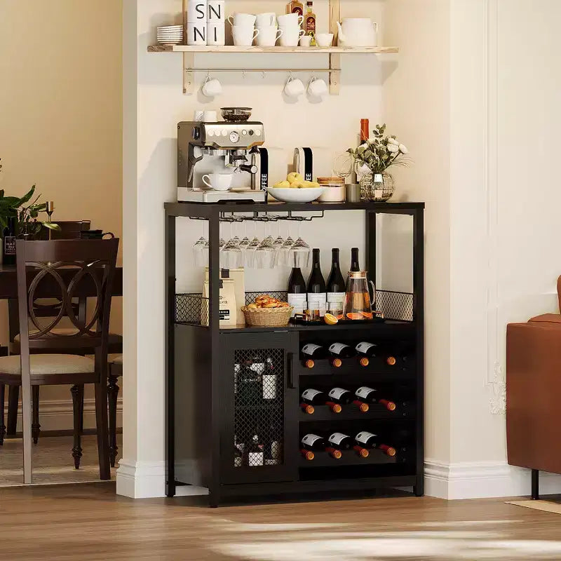 Meuble Bar à Vin avec Porte-Bouteilles et Porte-Verres, Buffet de Rangement Moderne avec Porte en Maille, Armoire de Bar Industrielle pour la Maison