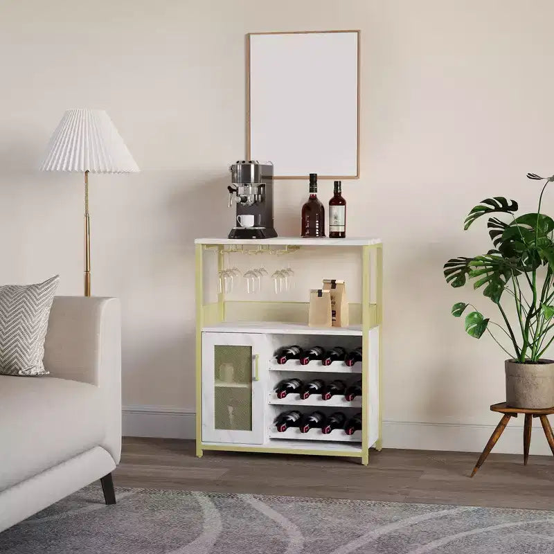 Meuble Bar à Vin avec Porte-Bouteilles et Porte-Verres, Buffet de Rangement Moderne avec Porte en Maille, Armoire de Bar Industrielle pour la Maison