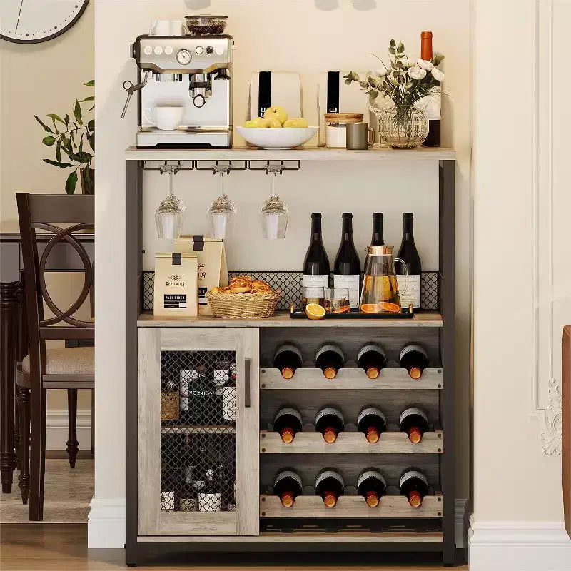 Meuble Bar à Vin avec Porte-Bouteilles et Porte-Verres, Buffet de Rangement Moderne avec Porte en Maille, Armoire de Bar Industrielle pour la Maison