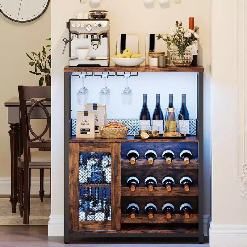 Meuble Bar à Vin avec Porte-Bouteilles et Porte-Verres, Buffet de Rangement Moderne avec Porte en Maille, Armoire de Bar Industrielle pour la Maison