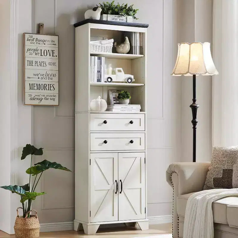 Meuble de salle de bain, Armoire de rangement haute de 72 po avec 2 tiroirs, étagères réglables et porte coulissante, Meubles pour salle de bain