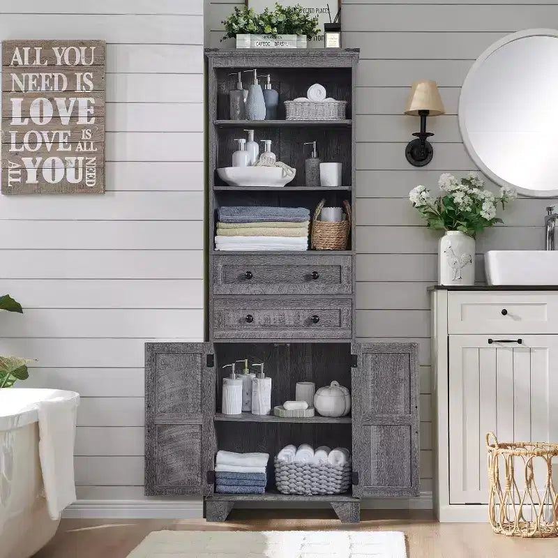 Meuble de salle de bain, Armoire de rangement haute de 72 po avec 2 tiroirs, étagères réglables et porte coulissante, Meubles pour salle de bain