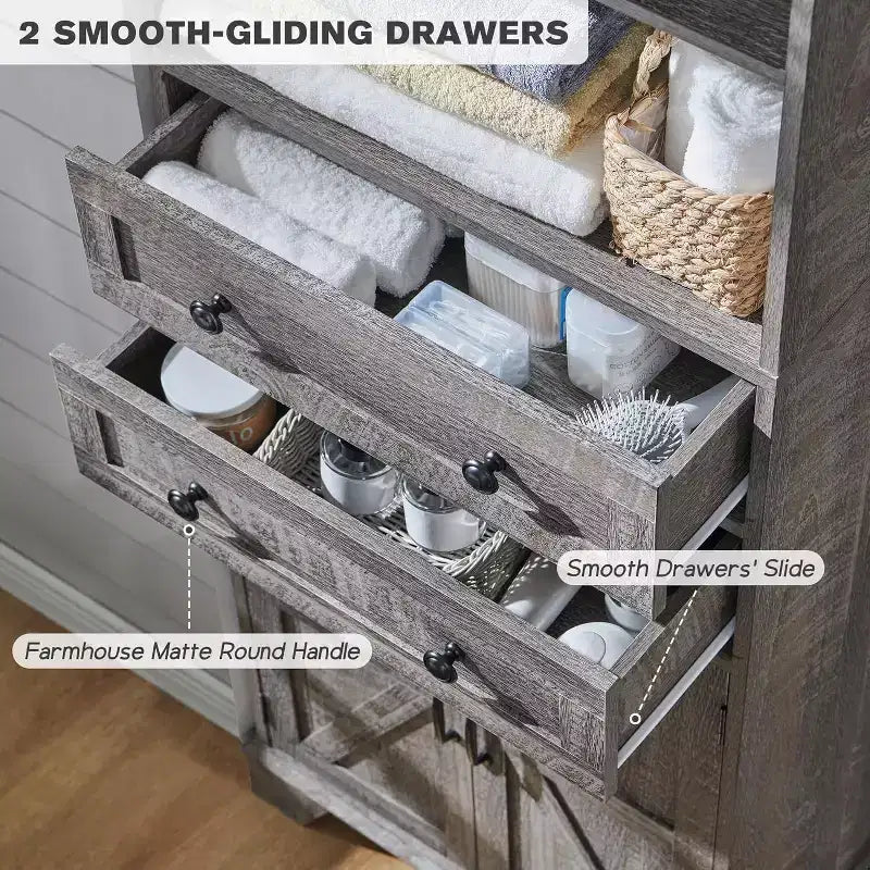 Meuble de salle de bain, Armoire de rangement haute de 72 po avec 2 tiroirs, étagères réglables et porte coulissante, Meubles pour salle de bain