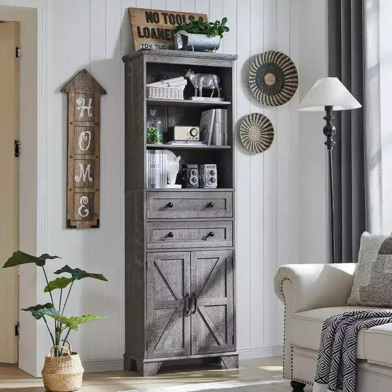 Meuble de salle de bain, Armoire de rangement haute de 72 po avec 2 tiroirs, étagères réglables et porte coulissante, Meubles pour salle de bain