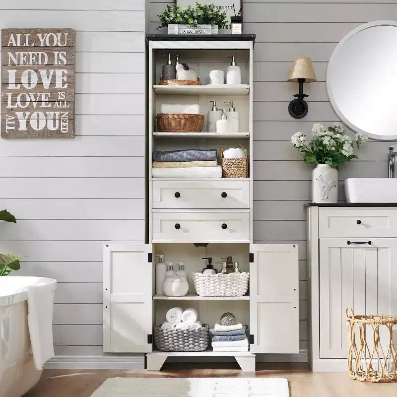 Meuble de salle de bain, Armoire de rangement haute de 72 po avec 2 tiroirs, étagères réglables et porte coulissante, Meubles pour salle de bain