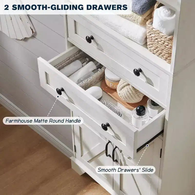 Meuble de salle de bain, Armoire de rangement haute de 72 po avec 2 tiroirs, étagères réglables et porte coulissante, Meubles pour salle de bain