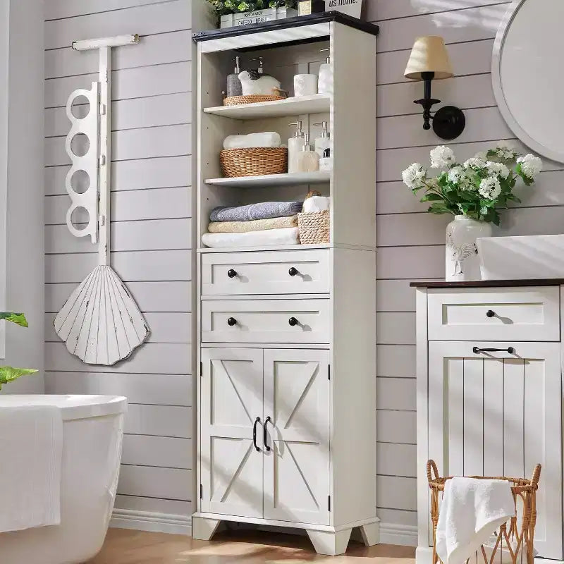 Meuble de salle de bain, Armoire de rangement haute de 72 po avec 2 tiroirs, étagères réglables et porte coulissante, Meubles pour salle de bain