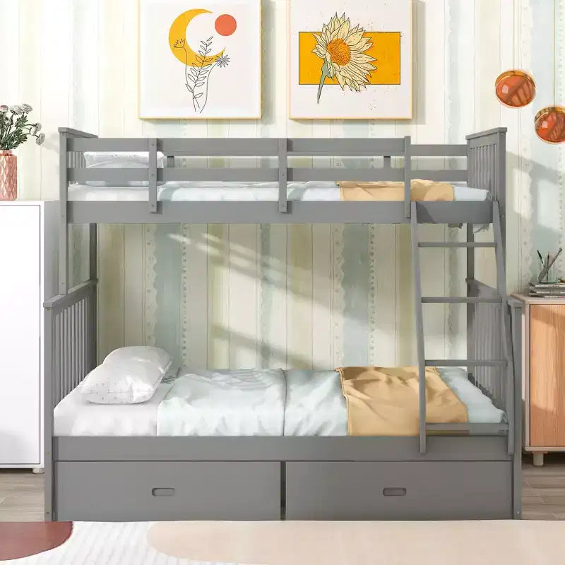 Lits superposés jumeaux sur lits complets 76IN avec tiroirs de rangement, lits superposés pour enfants avec garde-corps de sécurité et échelle, cadres de lit pour salon, chambre d'enfants