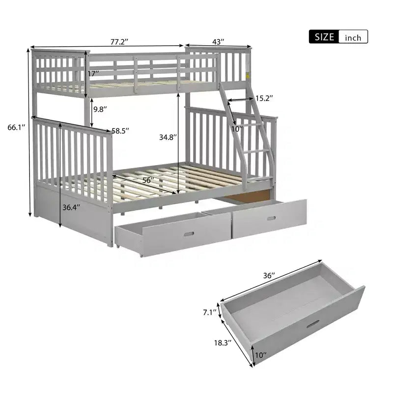 Lits superposés jumeaux sur lits complets 76IN avec tiroirs de rangement, lits superposés pour enfants avec garde-corps de sécurité et échelle, cadres de lit pour salon, chambre d'enfants