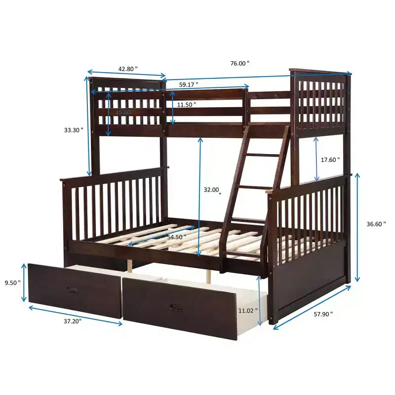 Lits superposés jumeaux sur lits complets 76IN avec tiroirs de rangement, lits superposés pour enfants avec garde-corps de sécurité et échelle, cadres de lit pour salon, chambre d'enfants