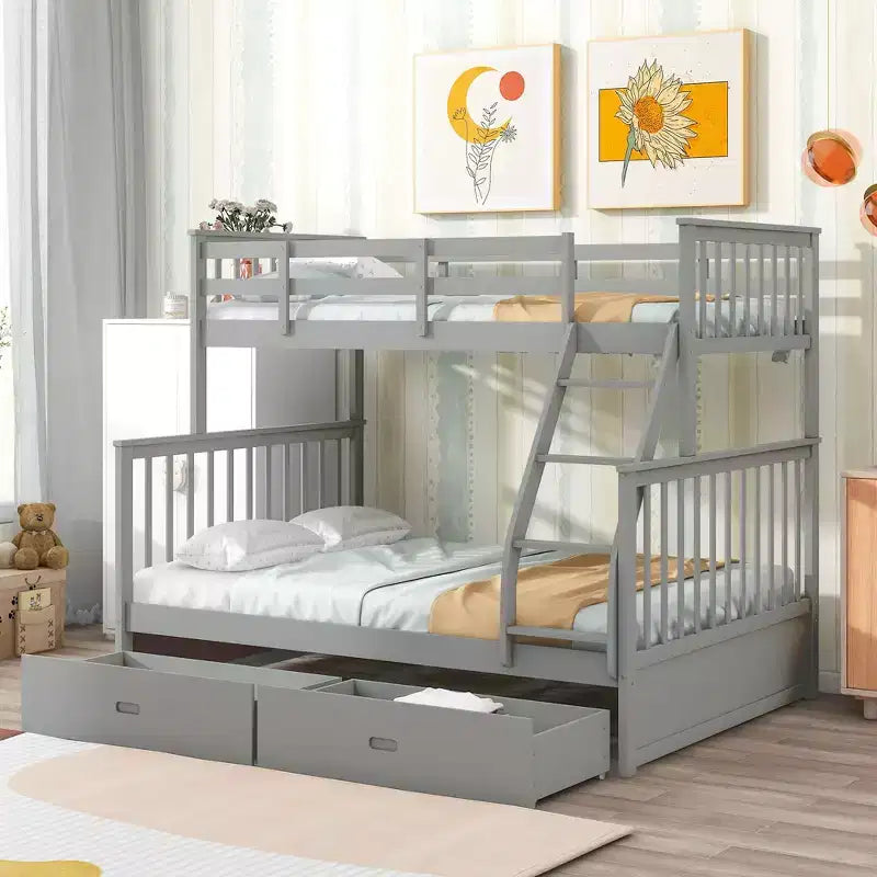 Lits superposés jumeaux sur lits complets 76IN avec tiroirs de rangement, lits superposés pour enfants avec garde-corps de sécurité et échelle, cadres de lit pour salon, chambre d'enfants