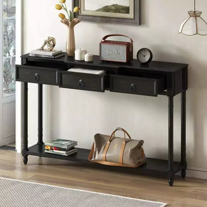 Console vintage de 52 pouces, table d'entrée avec 3 tiroirs et 1 grande étagère, table de couloir pour salon, entrée, hall