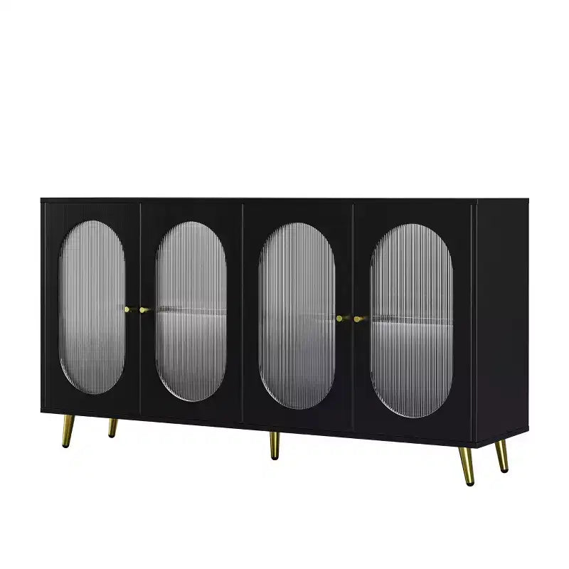 Meuble de rangement décoratif à 4 portes avec portes cannelées et pieds en métal pour salon ou salle à manger, noir