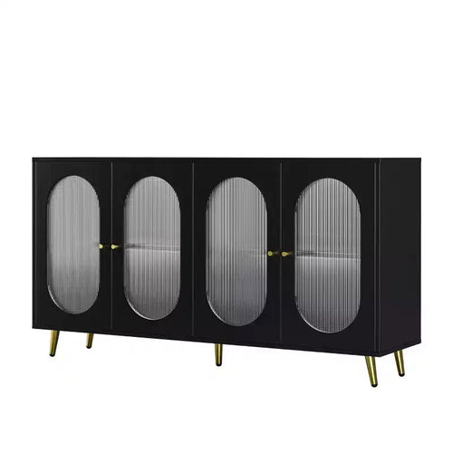Meuble de rangement décoratif à 4 portes avec portes cannelées et pieds en métal pour salon ou salle à manger, noir