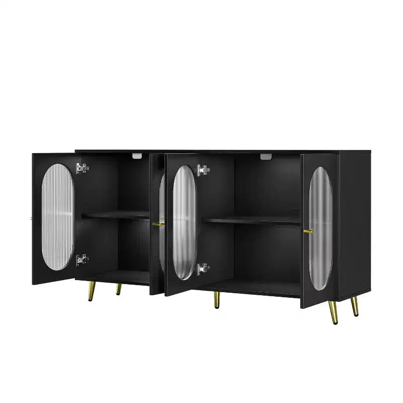 Meuble de rangement décoratif à 4 portes avec portes cannelées et pieds en métal pour salon ou salle à manger, noir