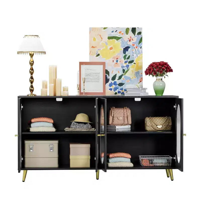 Meuble de rangement décoratif à 4 portes avec portes cannelées et pieds en métal pour salon ou salle à manger, noir