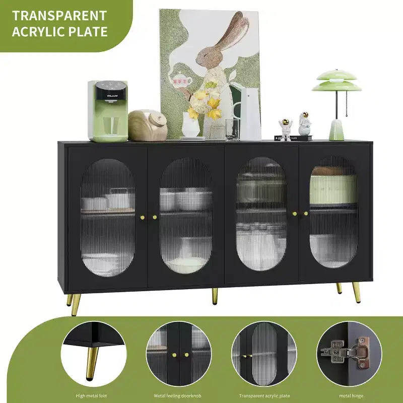 Meuble de rangement décoratif à 4 portes avec portes cannelées et pieds en métal pour salon ou salle à manger, noir