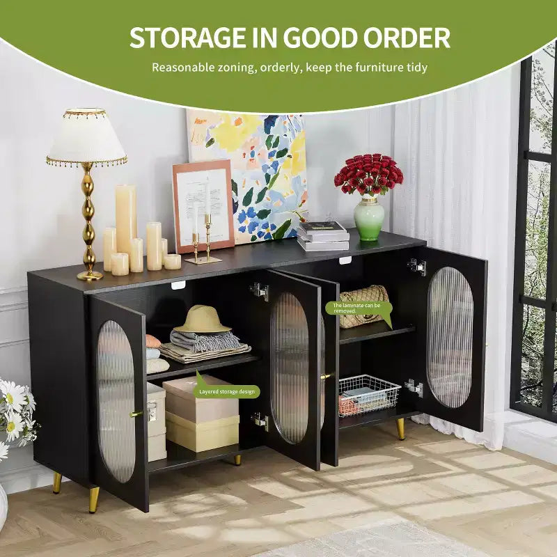 Meuble de rangement décoratif à 4 portes avec portes cannelées et pieds en métal pour salon ou salle à manger, noir