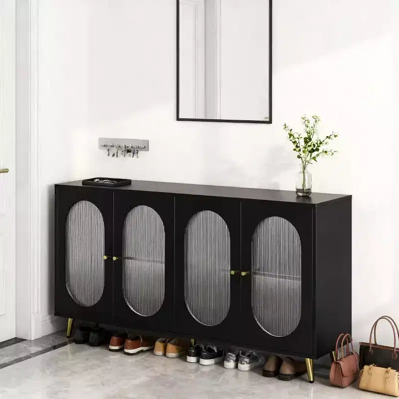 Meuble de rangement décoratif à 4 portes avec portes cannelées et pieds en métal pour salon ou salle à manger, noir
