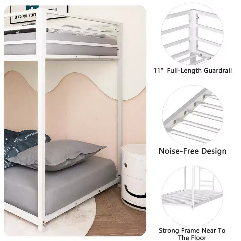 Lits superposés 76,69 po pour enfants avec cadre en métal, profil bas, échelle et barrières de sécurité, cadres de lit pour chambre à coucher, blanc