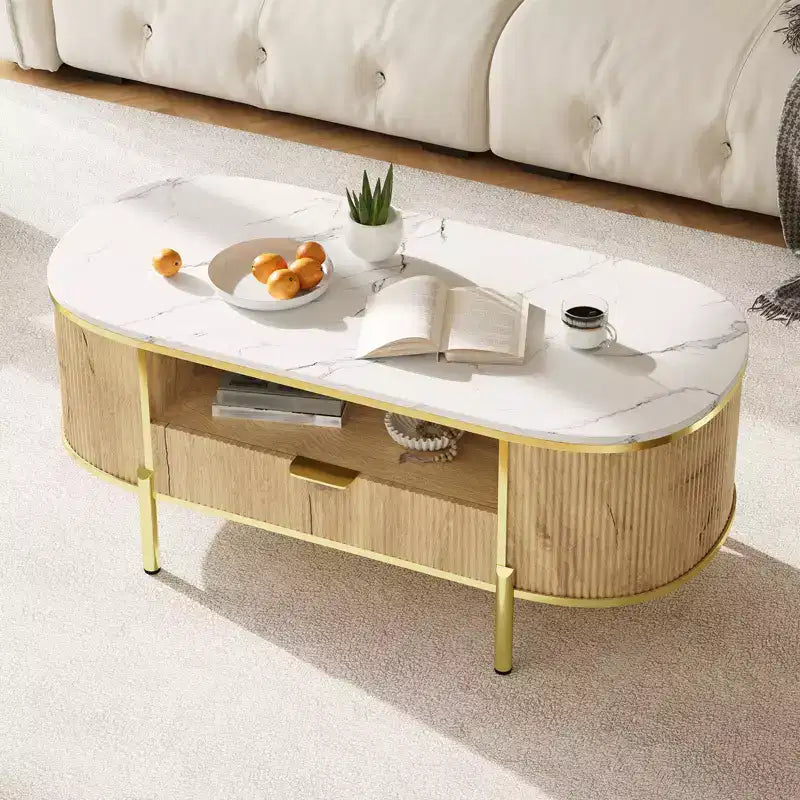 Table basse rainurée moderne, table basse ovale de 48 pouces avec tiroirs, plateau en imitation marbre, garniture métallique, table centrale en chêne naturel pour salon