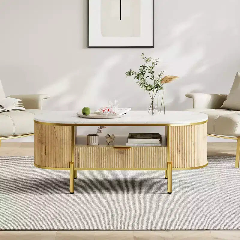 Table basse rainurée moderne, table basse ovale de 48 pouces avec tiroirs, plateau en imitation marbre, garniture métallique, table centrale en chêne naturel pour salon