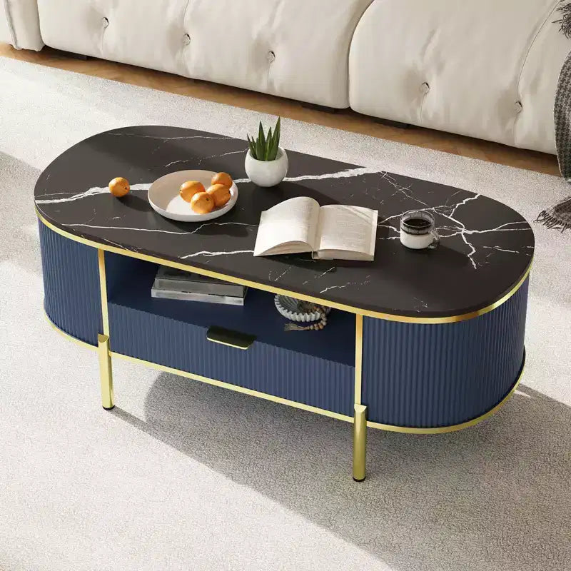 Table basse rainurée moderne, table basse ovale de 48 pouces avec tiroirs, plateau en imitation marbre, garniture métallique, table centrale en chêne naturel pour salon