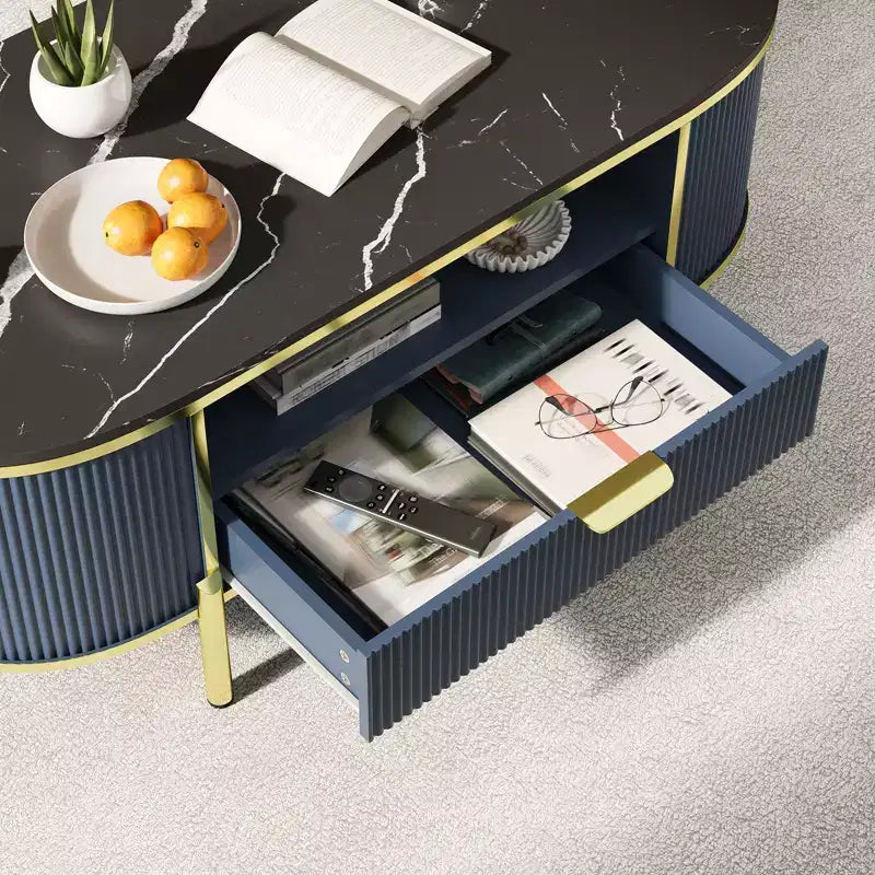 Table basse rainurée moderne, table basse ovale de 48 pouces avec tiroirs, plateau en imitation marbre, garniture métallique, table centrale en chêne naturel pour salon